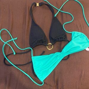 Victoria's Secret Black & Teal Triangle Bikini Set with Gold Ring